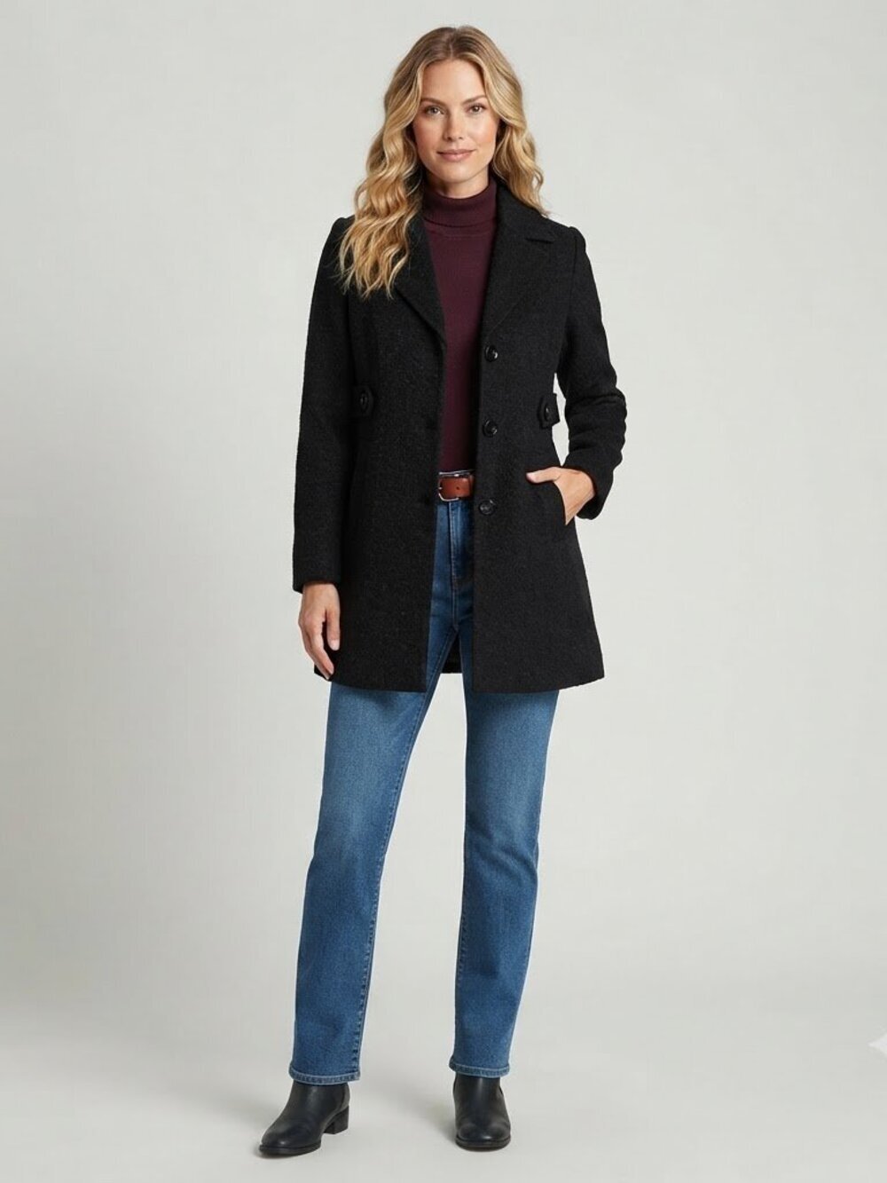 Gallery New York Plus Notch Collar Boucle Wool Blend Coat Black Size 2X NWT